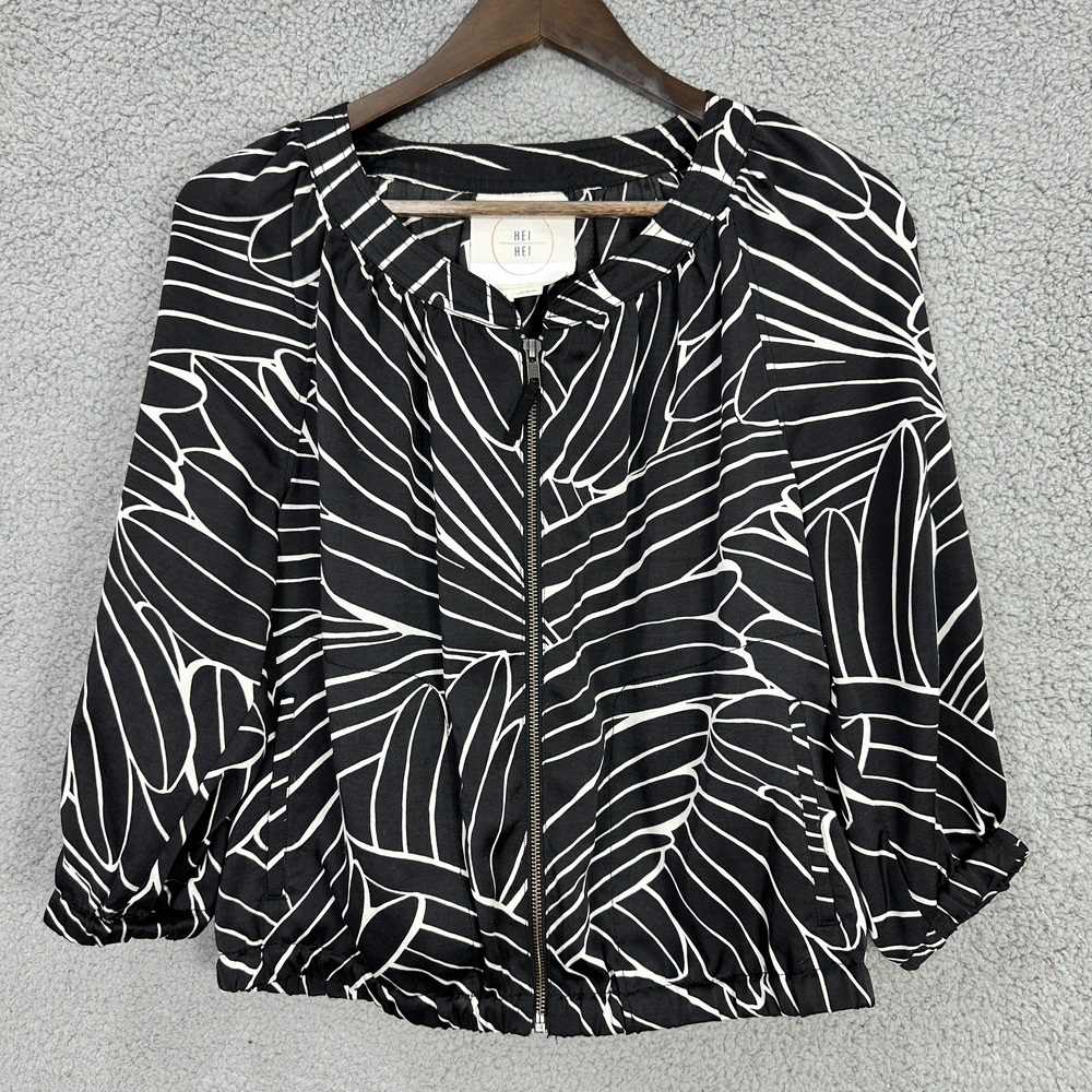 Hei Hei Bomber Jacket Womens Small Black White Abstract‎ Leaf Zip Anthropologie